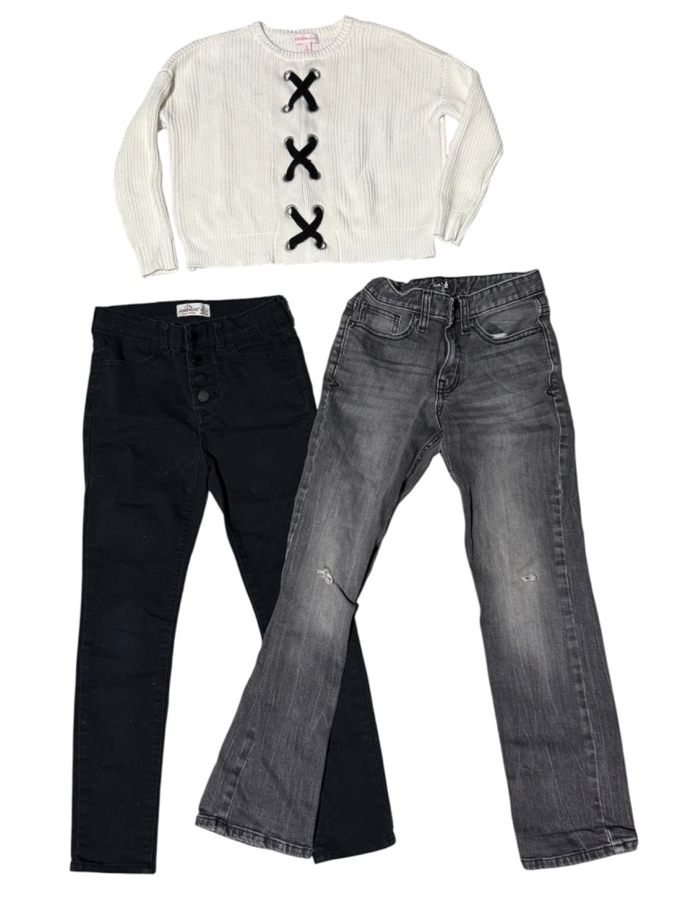 Jordache Black Skinny black Jeans|White knit sweater|light Gray jeans size 8/10